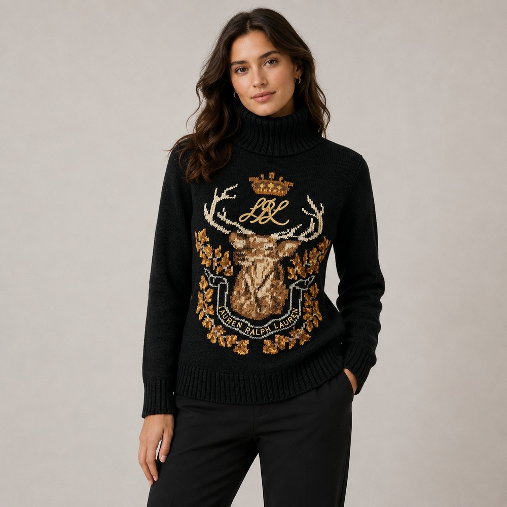 Lauren Ralph Lauren Black Cotton Stag Intarsia Turtleneck Sweater Vtg XXS